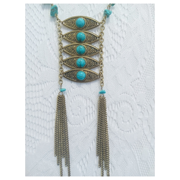 Shyanne Jewelry - Shyanne Faux Turquoise and Gold Tone Tassel Necklace With Adjustable Length Chai